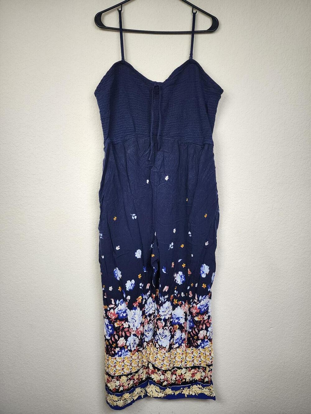 Maurices Navy Blue Floral Jumpsuit with Adjustable Straps